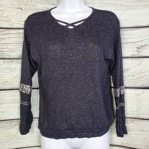 Daytrip Black & White Marled Long Sleeve Top with Lace Sleeve Detail – Size M